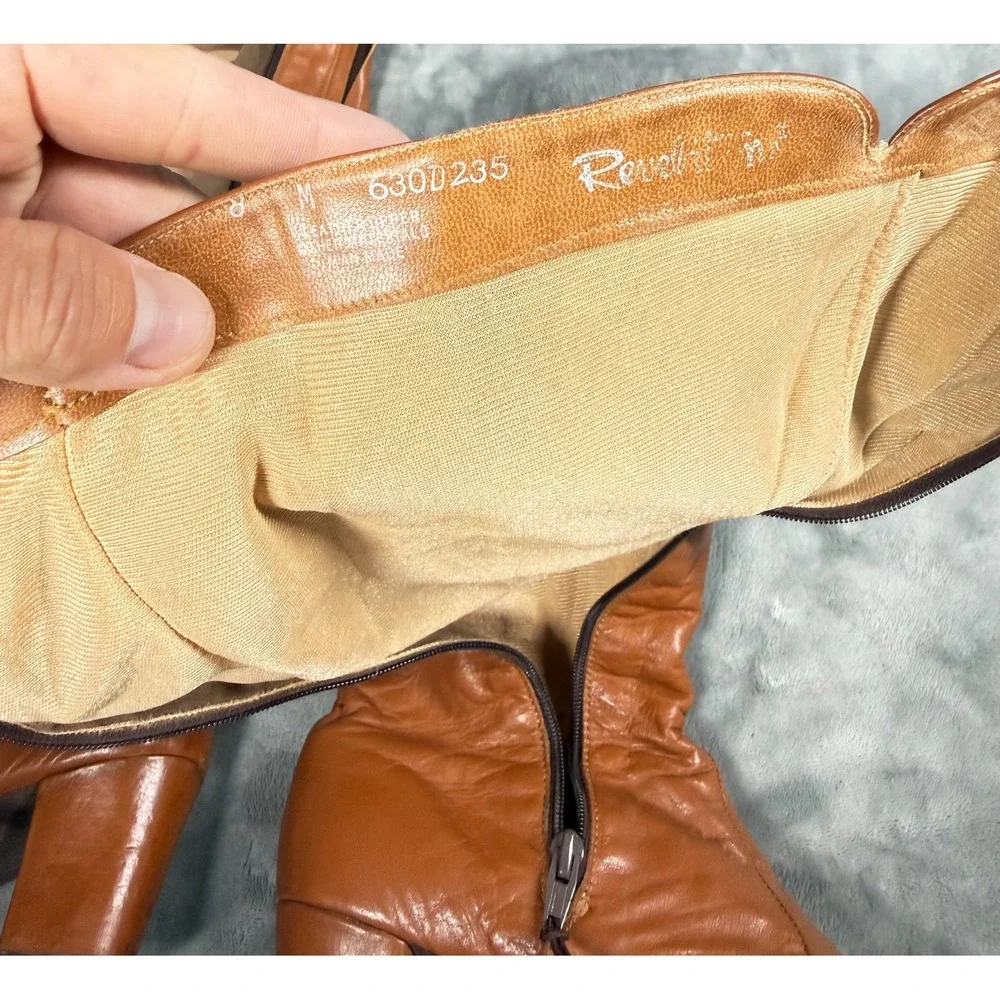 Vintage Revlations Boots Womens 8M Cognac Leather Knee High Zip 70s
